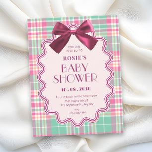 Magenta-Schleife und eine rosa karierte Babyparty Einladung