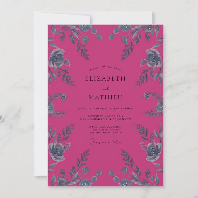Magenta-Silberblatt-Hochzeit Einladung (Vorderseite)