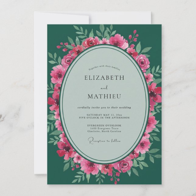Magenta Smaragdgrüne Blätterhochzeit Einladung (Vorderseite)