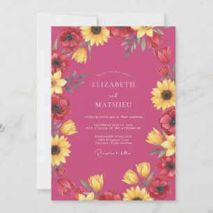 Magenta-Sonnenblumen-Mohn-Hochzeit Einladung