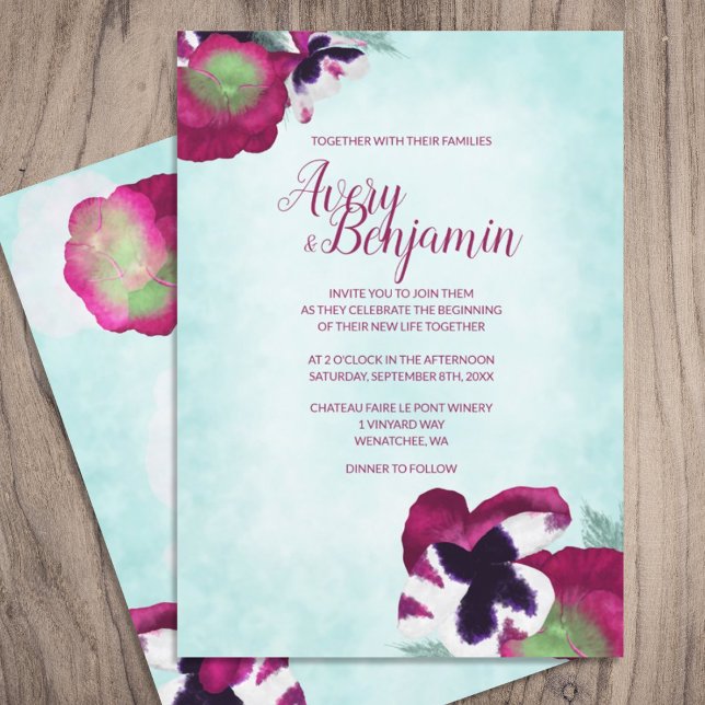 Magenta Stiefmütterchens Hochzeitseinladung Einladung (light cyan blue magenta berry pink purple floral wedding invitations script calligraphy writing)