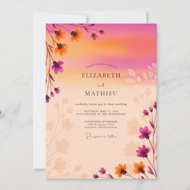 Magenta traumhafter Sonnenuntergangs-Hochzeit Einladung (Vorderseite)