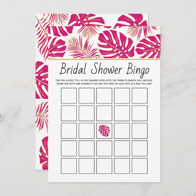 Magenta Tropical Blätter Bridal Bingo Spielkarte Begleitkarte (Vorne/Hinten)