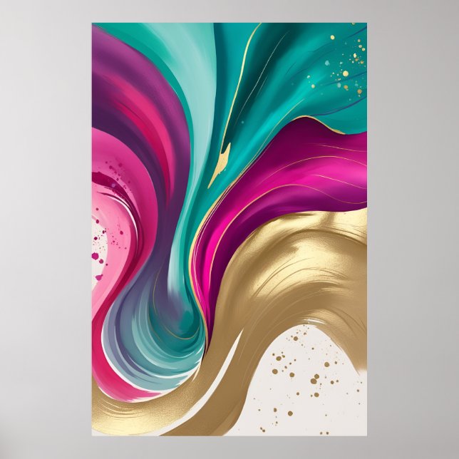 Magenta und Gold Abstrakte Wasserfarben Kunst Poster (Vorne)