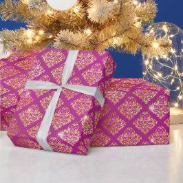 Magenta- und Gold-Damaskus-Glanzmuster Geschenkpapier