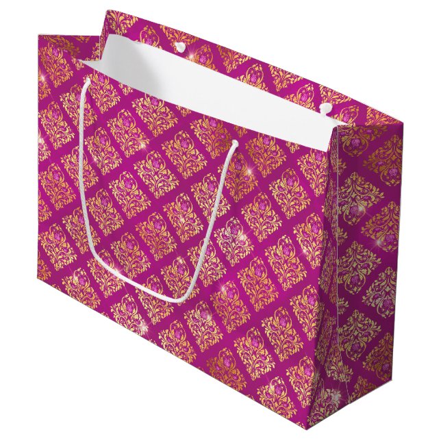 Magenta- und Gold-Damaskus-Glanzmuster Große Geschenktüte (Vorderseite Schrägansicht)