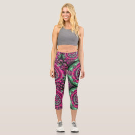 Magenta und grünes Kaleidoskop Capri Leggings