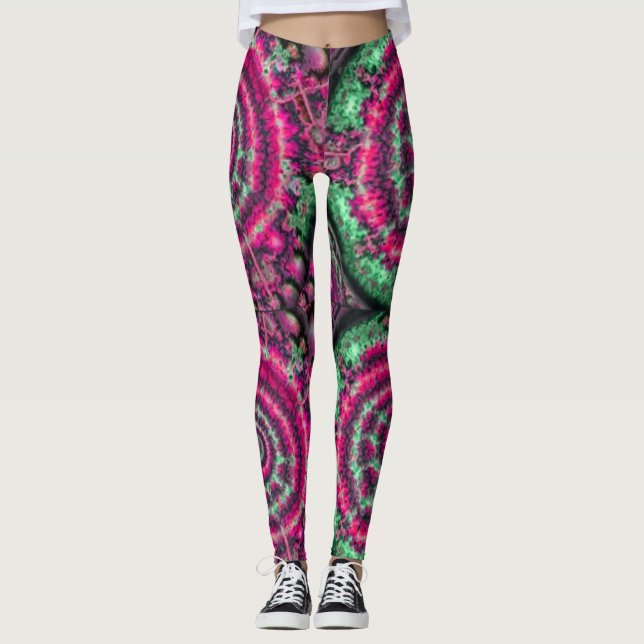 Magenta und grünes Kaleidoskop Leggings (Vorderseite)