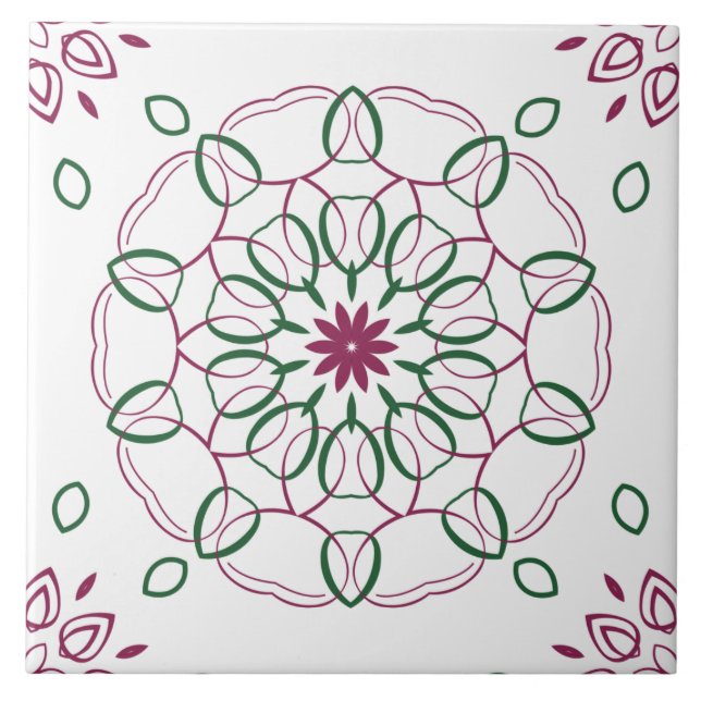 Magenta und Mandala Design mit grüner Geometrie Fliese (Vorderseite)