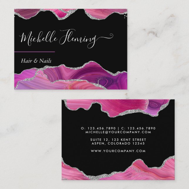 Magenta und Silver Agate Square Business Card Visitenkarte (Vorne/Hinten)