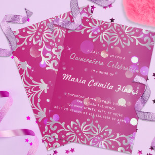 Magenta und Silver Elegant schimmery Quinceañera Einladung