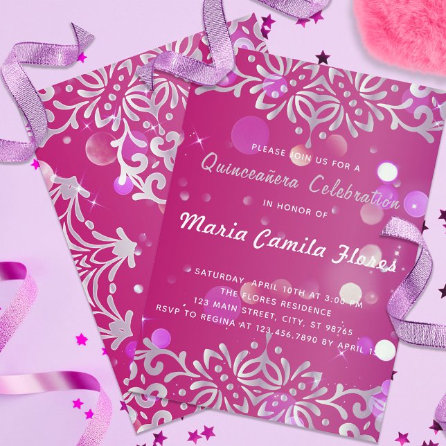 Magenta und Silver Elegant schimmery Quinceañera Einladung (Von Creator hochgeladen)