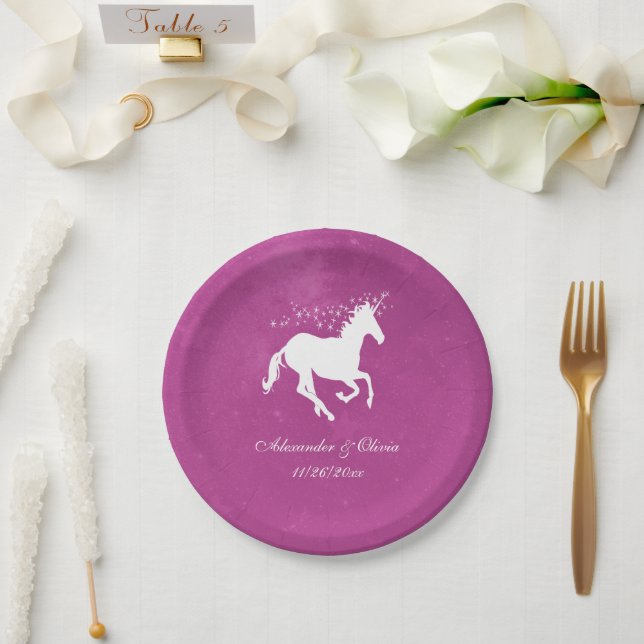 Magenta Unicorn Wedding Paper Plate Pappteller (Hochzeit)