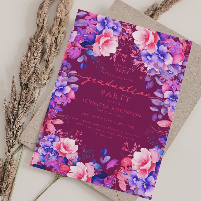 Magenta: Vibrierende Lila Blumenstube Einladung (Vibrant Purple Floral Graduation Party Magenta Invitation)