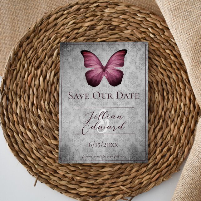 Magenta Vintag Butterfly Damask Save the Date Ankündigung (Magenta Vintage Butterfly Damask Save the Date)