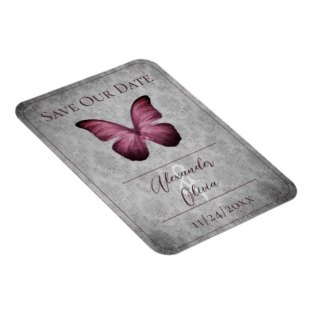 Magenta Vintag Butterfly Damask Save the Date Magnet (Rechte Seite)