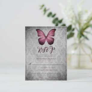 Magenta Vintag Butterfly Damask Wedding UAWG RSVP Karte