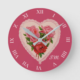 Magenta Vintage Rose Herz Valentine Monogram Runde Wanduhr