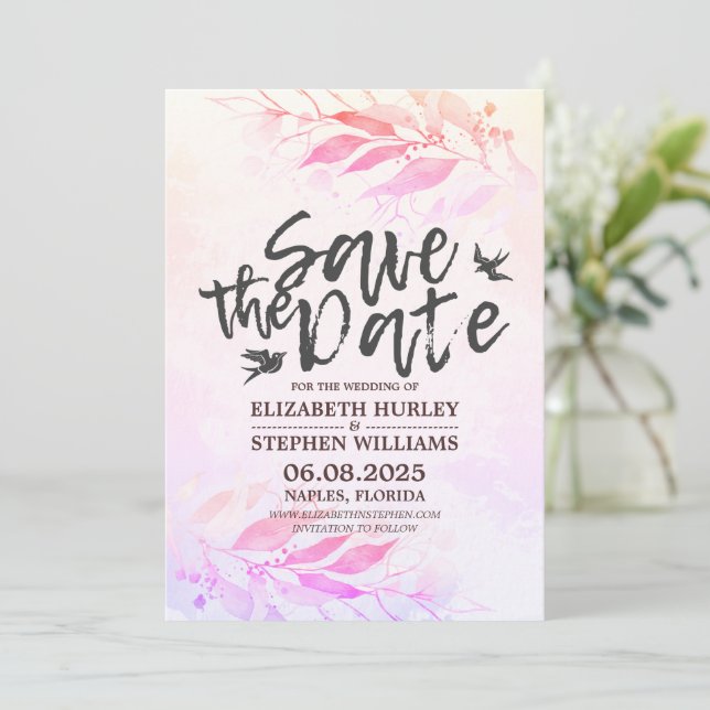 Magenta Wasserfarben-Blätter Hochzeitssache Datum  Save The Date (Stehend Vorderseite)