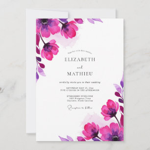 Magenta Wasserfarben-Blütenhochzeit Einladung