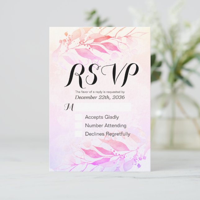 Magenta Watercolor Leaf Wedding RSVP Kindly Antwor Karte (Stehend Vorderseite)