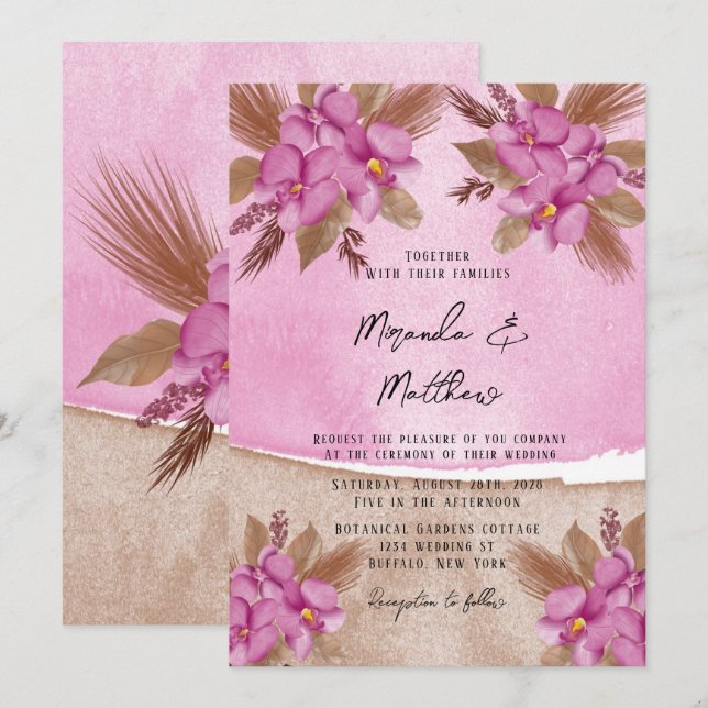 Magenta Watercolor Orchideen für Hochzeiten Einlad Einladung (Vorne/Hinten)