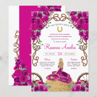 Magenta Western Charro Hot Pink Floral Quinceañera Einladung