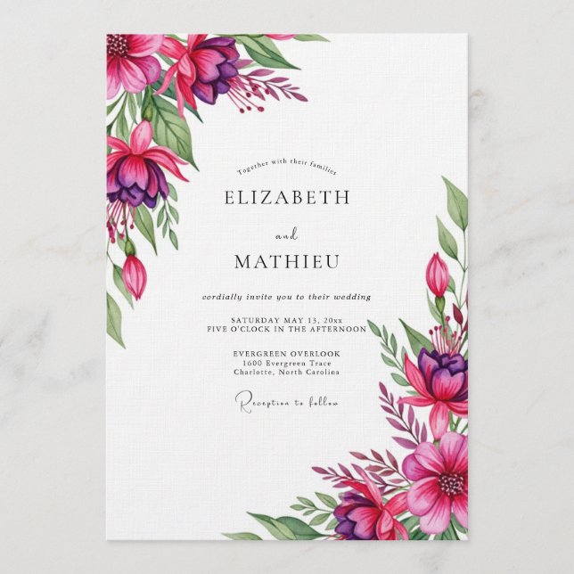 Magenta Whimsical Bloom Hochzeit Einladung (Vorderseite)