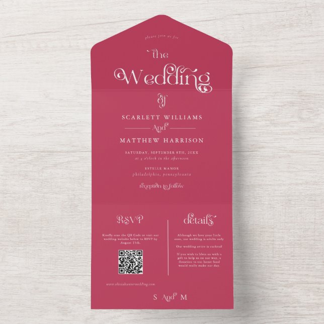 Magenta Whimsical Wedding alles in einer Einladung (Innen Boden)