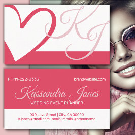 Magenta White Calligraphic Heart Monogram Initials Visitenkarte