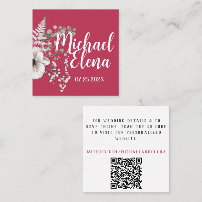 Magenta & White Floral Wedding Details QR Code Quadratische Visitenkarte (Vorne/Hinten)