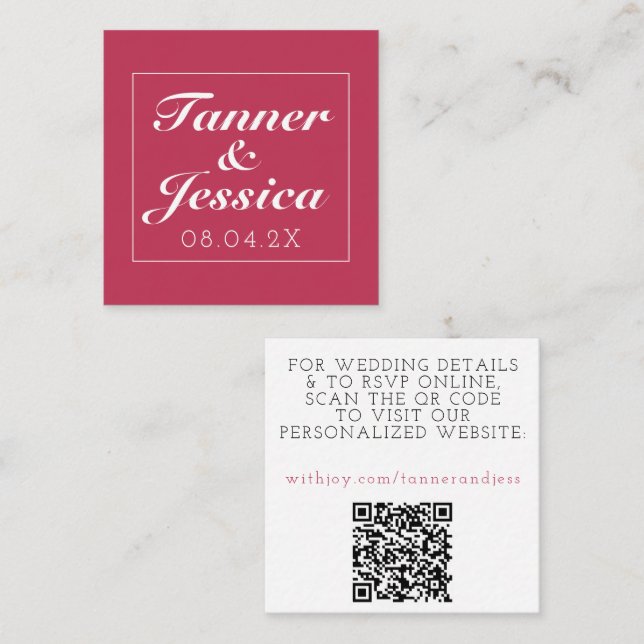 Magenta & White Minimalistisch Wedding Details QR  Quadratische Visitenkarte (Vorne/Hinten)