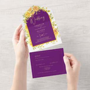 Magenta Yellow Roses Plum Lila Goldhochzeit All In One Einladung