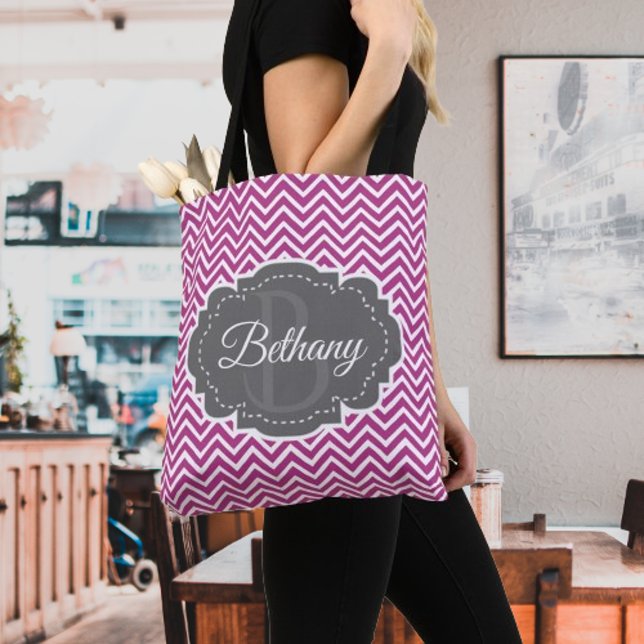 Magenta Zickzack Personalisiert Tote Bag (Magenta Chevron Personalized Tote Bag)