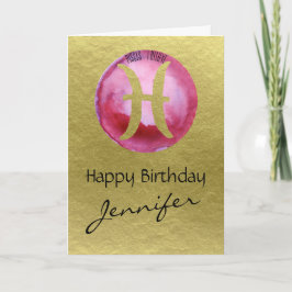 Magenta Zodiac Sign Pisces auf Gold Hintergrund Feiertagskarte