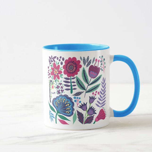 Magentarote Volkskunst-Blumenmuster Tasse (Rechts)