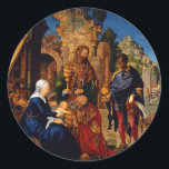Magi Worship Baby Jesus Runder Aufkleber<br><div class="desc">Schönes Kunstbild der Weisen und der Heiligen Familie mit Ruinen im Hintergrund. Ein Gemälde aus dem 15. Jahrhundert von Albrecht Durer.</div>