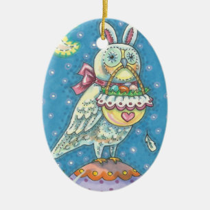 MAGIC BARN OWL & EASTER BASKET, FERIENORNAMENT KERAMIK ORNAMENT