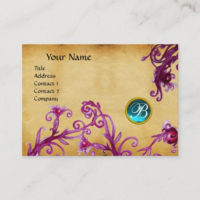 MAGIC BERRIES MONOGRAM, Aquamarinblauer Pergament Visitenkarte (Vorderseite)