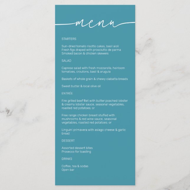 Magic Blue ・ Moderne Minimalistische Script Weddin Menükarte (Vorderseite)