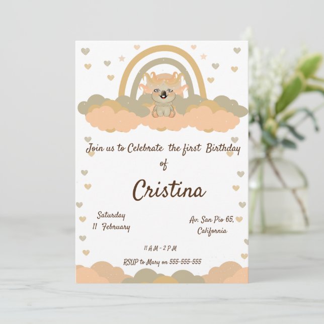 Magic Cloud Rainbow Koala Bär Party Einladung (Stehend Vorderseite)