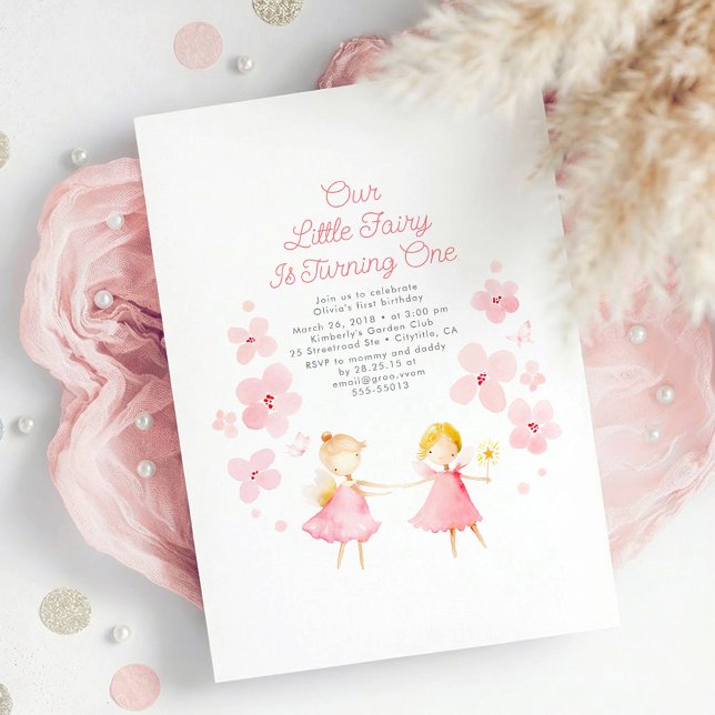 Magic Fairy Birthday Einladung (Little Fairy Pink Floral Cute Whimsical 1st Birthday Invitation to Celebrate Baby Girl)