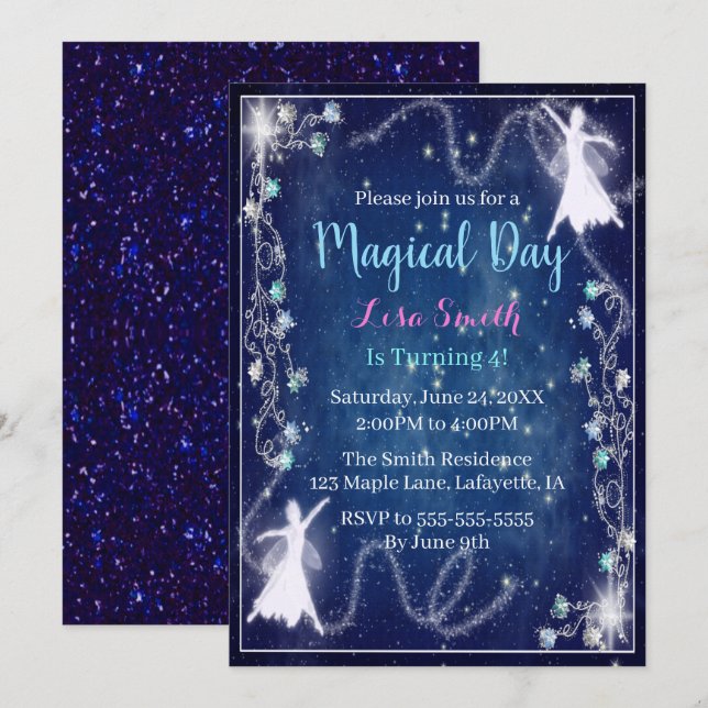 Magic Fairy Blue Starry Night Birthday Party Einladung (Vorne/Hinten)