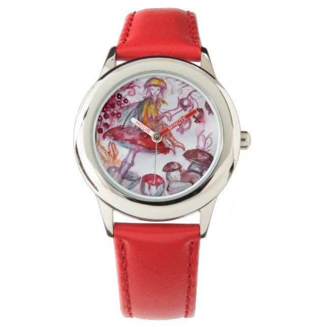 MAGIC FOLLET OF MUSHROOMS Red White Floral Fantasy Armbanduhr (Vorderseite)
