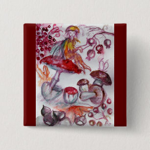 MAGIC FOLLET OF MUSHROOMS Red White Floral Fantasy Button