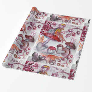 MAGIC FOLLET OF MUSHROOMS Red White Floral Fantasy Geschenkpapier