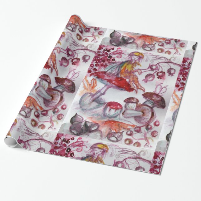 MAGIC FOLLET OF MUSHROOMS Red White Floral Fantasy Geschenkpapier (Ungerollt)