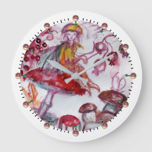 MAGIC FOLLET OF MUSHROOMS Whire Red Floral Fantasy Große Wanduhr