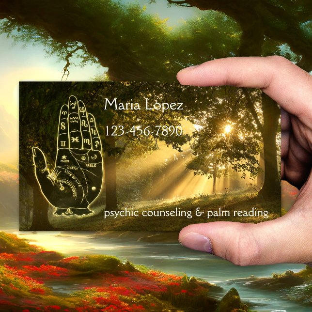 Magic Forest Palm Reader Business Card Visitenkarte (Business card featuring a magical forest with a hand palm outline. Great for a palm reader, psychic)