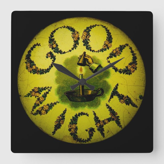 Magic Lantern Slide Good Night Vintage Quadratische Wanduhr (Vorderseite)